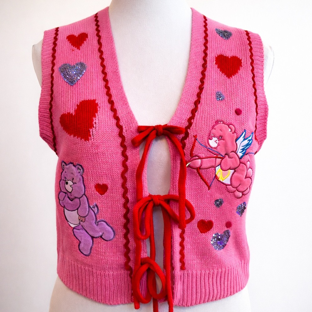 Care Bears Pink Tie Front Knit Vest Cardigan Sequin Hearts Cupid Y2K XS/S 2026